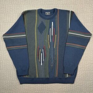 Vintage Fiordland Wool Sweater Men's XL Blue 3D Textured Knit New Zealand Retro